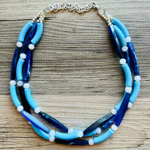 Vacation Blues Beach Necklace, multi strand bright blue jewelry, big beaded chunky necklace, white royal blue dark statement animal print
