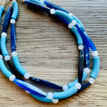 Load image into Gallery viewer, Vacation Blues Beach Necklace, multi strand bright blue jewelry, big beaded chunky necklace, white royal blue dark statement animal print