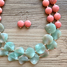 Load image into Gallery viewer, Coral Crackle Aquarium Statement Necklace, big Beaded Chunky Jewelry, Double Strand wedding everyday dress necklace, pink jewelry silver