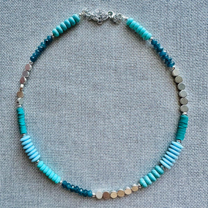 Vintage Silver Glass Beaded long necklace, neutral beaded statement necklace, everyday gem stone chunky layering necklace blue turquoise