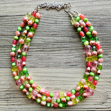 Watermelon statement necklace, pink and green, Beaded statement necklace, long coral necklace, green necklace, statement jewelry