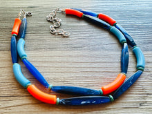 Load image into Gallery viewer, Orange &amp; Blue Color Block Chunky Statement Necklace, Big beaded jewelry, 2 Strand Statement Necklace, Bib dark blue orange beaded