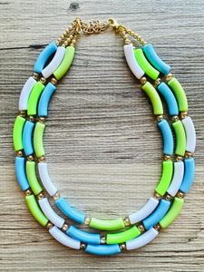 Vacation Seascape Statement Necklace, chunky bib beaded jewelry, green white blue necklace, dark blue beaded green jewelry gold