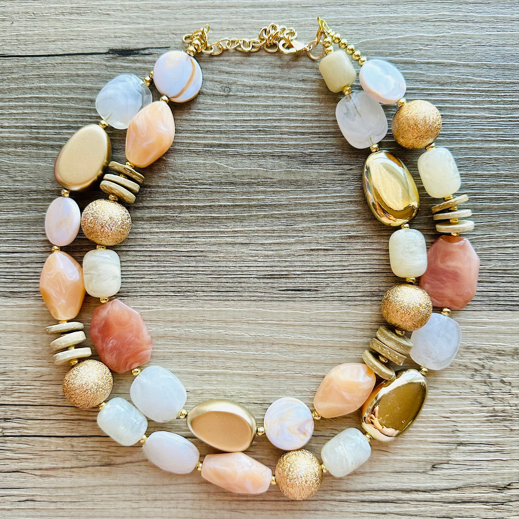Neutral Spring Breeze Big Bead Necklace, multi Strand Statement Jewelry, toffee Chunky bib, bridesmaid necklace, brown tan beaded champagne