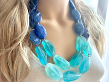 Load image into Gallery viewer, Blue Ombré statement necklace, chunky light blue necklace earrings, royal bib necklace, aqua turquoise jewelry, beaded blue necklace jewelry