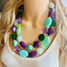 Load image into Gallery viewer, Bahama Seascape Statement Necklace, Silver green seafoam purple necklace, beaded chunky bib necklace, colorful island jewelry hunter