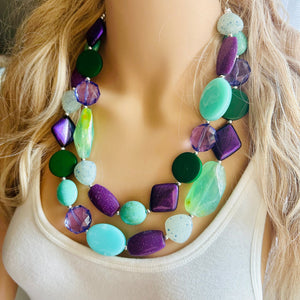 Bahama Seascape Statement Necklace, Silver green seafoam purple necklace, beaded chunky bib necklace, colorful island jewelry hunter