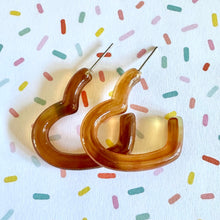 Load image into Gallery viewer, Creamy Tortoise Shell Swirl Geometric Open Heart Hoop earrings set jewelry, acrylic hoops statement resin Valentine fall, dark brown