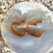 Load image into Gallery viewer, Creamy Tortoise Shell Swirl Geometric Open Heart Hoop earrings set jewelry, acrylic hoops statement resin Valentine fall, dark brown