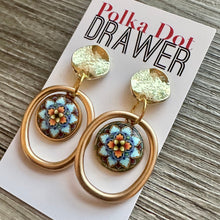 Load image into Gallery viewer, Mosaic Drop earrings, gold earrings, rainbow colorful geometric earrings pierced dangle drop Statement, Mosaic pink fashion gems
