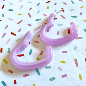 Lavender Creamy Rainbow Geometric Open Heart Hoop earrings set, pastel jewelry, acrylic purple bridesmaid statement resin Valentine fall