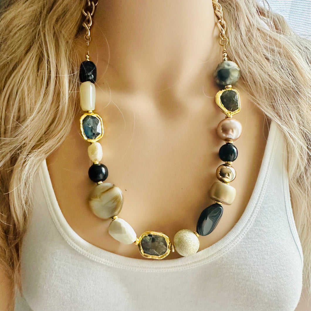 Black & Gold “Class Act” Chunky Statement Necklace single Strand Beaded jewelry, bridesmaid bib wedding gemstone, bubble necklace