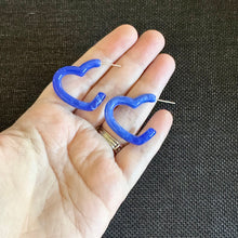 Load image into Gallery viewer, Royal Blue Aqua Rainbow Geometric Open Heart Hoop earrings set, pastel jewelry, acrylic hoops bridesmaid statement resin acrylic