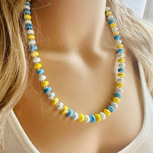 Load image into Gallery viewer, Yellow &amp; Blue Porcelain Block Layering Rainbow Beaded 1 Strand Necklace, Colorful Jewelry, Chunky statement necklace, confetti bubble