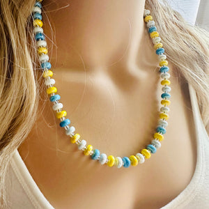 Yellow & Blue Porcelain Block Layering Rainbow Beaded 1 Strand Necklace, Colorful Jewelry, Chunky statement necklace, confetti bubble