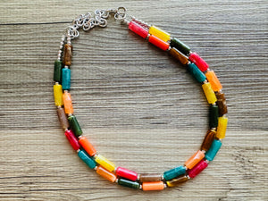 Autumn Leaves Statement Necklace, Red Yellow Orange emerald, double Strand Statement Necklace, fall colors, chunky autumn necklace, beaded
