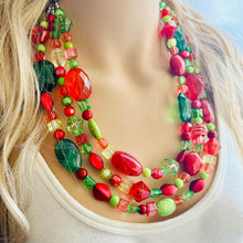 Load image into Gallery viewer, Christmas Chunky Statement Necklace &amp; Stretch Bracelet set, Triple Strand Beaded jewelry, green red holiday bridesmaid lime earrings silver