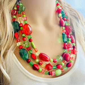 Christmas Chunky Statement Necklace & Stretch Bracelet set, Triple Strand Beaded jewelry, green red holiday bridesmaid lime earrings silver