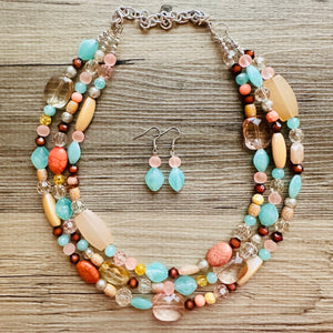 Peach Mint Coral Chunky Statement Necklace, Triple Strand Beaded Jewelry, green peach coral jewelry, bridsmaid wedding, bib beaded jewelry