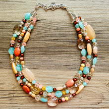 Load image into Gallery viewer, Peach Mint Coral Chunky Statement Necklace, Triple Strand Beaded Jewelry, green peach coral jewelry, bridsmaid wedding, bib beaded jewelry