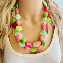 Load image into Gallery viewer, Spring Storm Green &amp; Pink Necklace, multi strand colorful jewelry, big beaded chunky statement set necklace bubble everyday lime mint