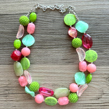 Load image into Gallery viewer, Spring Storm Green &amp; Pink Necklace, multi strand colorful jewelry, big beaded chunky statement set necklace bubble everyday lime mint