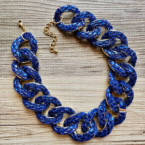 Royal Blue rhinestone Linking Chain Choker shirt necklace, stunning elegant silver gold statement bib necklace dark blue