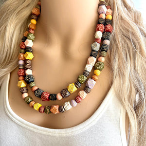 Rainbow textured Double Strand statement necklace, big beaded chunky jewelry, animal print cheetah stripes wood geometric OOAK