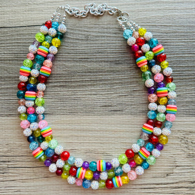 Triple Rainbow Silver Beaded Necklace, Colorful Jewelry, Chunky statement necklace, rainbow jewelry, rainbow baby confetti white ombré