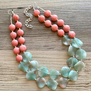 Coral Crackle Aquarium Statement Necklace, big Beaded Chunky Jewelry, Double Strand wedding everyday dress necklace, pink jewelry silver