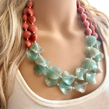 Load image into Gallery viewer, Coral Crackle Aquarium Statement Necklace, big Beaded Chunky Jewelry, Double Strand wedding everyday dress necklace, pink jewelry silver