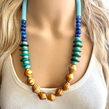 Load image into Gallery viewer, Vintage Wood + Glass Beaded long necklace, neutral beaded statement necklace, everyday gem stone chunky layering necklace blue turquoise