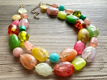 Load image into Gallery viewer, Tropical Paradise 2 Strand statement necklace, big beaded chunky jewelry, Fuchsia Lime Green Coral Bib Jewelry Set earrings set yellow