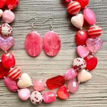 Load image into Gallery viewer, Bubble Heart Necklace, multi strand colorful jewelry, chunky statement necklace, cream red pink Saint Valentines Day February earrings set