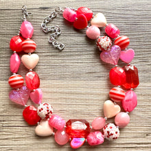 Load image into Gallery viewer, Bubble Heart Necklace, multi strand colorful jewelry, chunky statement necklace, cream red pink Saint Valentines Day February earrings set