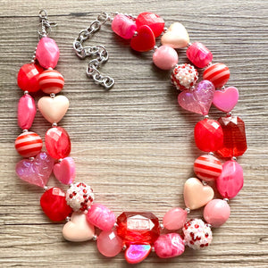 Bubble Heart Necklace, multi strand colorful jewelry, chunky statement necklace, cream red pink Saint Valentines Day February earrings set