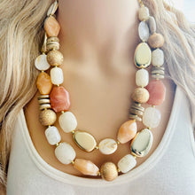 Load image into Gallery viewer, Neutral Spring Breeze Big Bead Necklace, multi Strand Statement Jewelry, toffee Chunky bib, bridesmaid necklace, brown tan beaded champagne