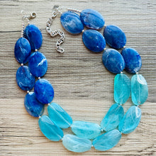 Load image into Gallery viewer, Blue Ombré statement necklace, chunky light blue necklace earrings, royal bib necklace, aqua turquoise jewelry, beaded blue necklace jewelry