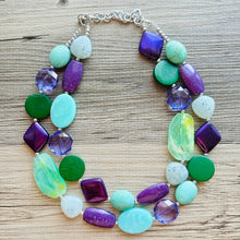 Load image into Gallery viewer, Bahama Seascape Statement Necklace, Silver green seafoam purple necklace, beaded chunky bib necklace, colorful island jewelry hunter