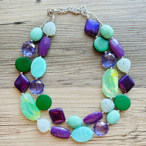Bahama Seascape Statement Necklace, Silver green seafoam purple necklace, beaded chunky bib necklace, colorful island jewelry hunter