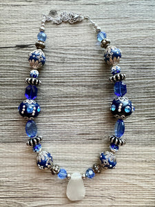 Royal Blue Single Strand Statement Necklace, Chunky Royal Blue Jasper Beaded Bib Jewelry, blue jewelry, dark blue jewlery necklace silver