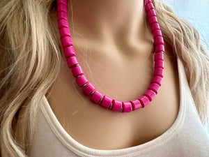 Hot Pink Pink Chunky Statement Necklace, 1 Strand Beaded Jewelry, Pink jewelry, tube bead layering bib dark pink drop earrings