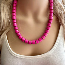 Load image into Gallery viewer, Hot Pink Pink Chunky Statement Necklace, 1 Strand Beaded Jewelry, Pink jewelry, tube bead layering bib dark pink drop earrings