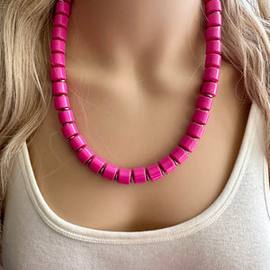 Hot Pink Pink Chunky Statement Necklace, 1 Strand Beaded Jewelry, Pink jewelry, tube bead layering bib dark pink drop earrings