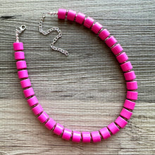 Load image into Gallery viewer, Hot Pink Pink Chunky Statement Necklace, 1 Strand Beaded Jewelry, Pink jewelry, tube bead layering bib dark pink drop earrings