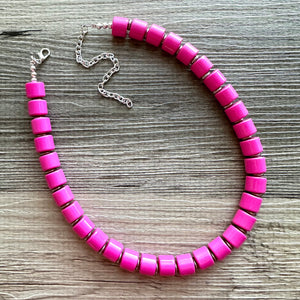 Hot Pink Pink Chunky Statement Necklace, 1 Strand Beaded Jewelry, Pink jewelry, tube bead layering bib dark pink drop earrings