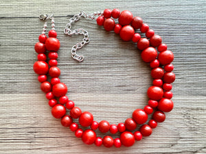 Bubble Red Wood Beaded Necklace, Colorful Jewelry, Chunky wooden statement, big beaded necklace, birthday 2 strand thick collar beads