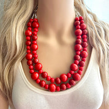Load image into Gallery viewer, Bubble Red Wood Beaded Necklace, Colorful Jewelry, Chunky wooden statement, big beaded necklace, birthday 2 strand thick collar beads