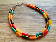 Load image into Gallery viewer, Autumn Leaves Statement Necklace, Red Yellow Orange emerald, double Strand Statement Necklace, fall colors, chunky autumn necklace, beaded