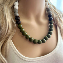 Load image into Gallery viewer, Ombré White Green Single Layer Statement Necklace, Chunky Green jewel tones Jewelry, wood beaded thick bib necklace gray olive gray